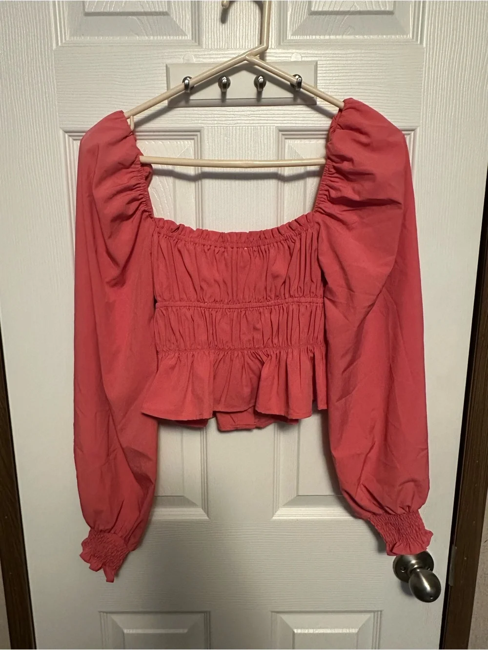 Astr Rose Pink Smocked Square-Neck Button Crop Blouse